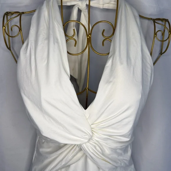 Michael Kors White Ruched V-Neck Halter One Piece Swimsuit - 6 - Picture 3 of 16